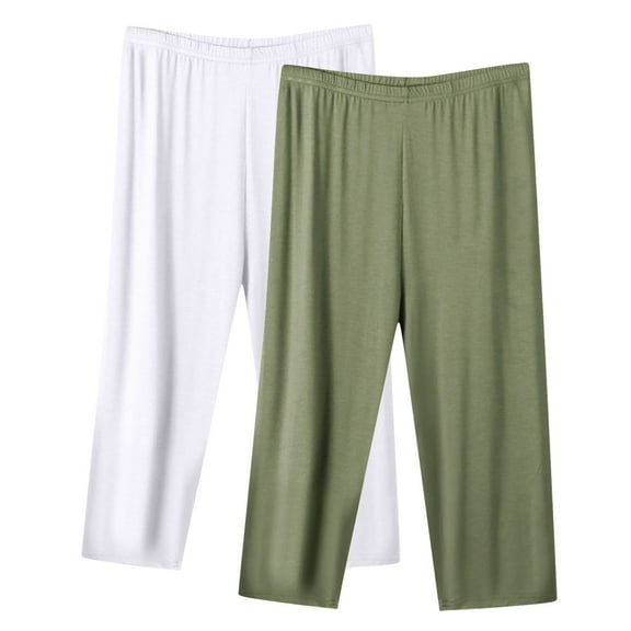 UTSJKR Women's 2 Pack Soft Cotton Pajama Pants Loose Fit Capri Pants with Pockets Soft Sleep Bottoms Casual 3/4 Length Homewear Pants Outwear Army Green XXL