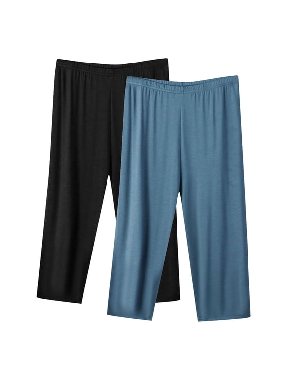 Women's 2 Pack Soft Cotton Pajama Pants Loose Fit Capri Pants with Pockets Soft Sleep Bottoms Casual 3/4 Length Homewear Pants Outwear Navy L