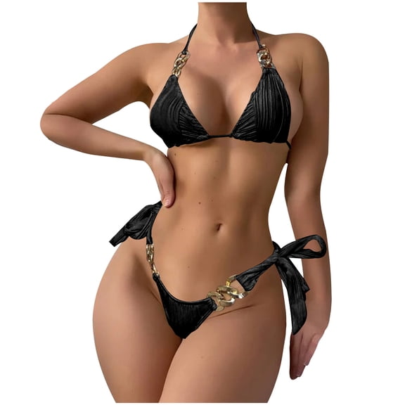UTSJKR Women's 2 Piece Chain Linked Halter Triangle Tie Side Bikini Sets Swimsuit Beachwear Two Piece Metal Ring Swimwear Black 6