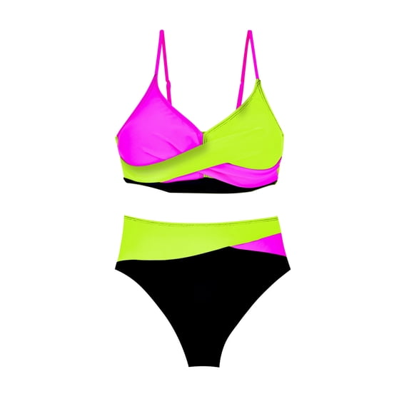 UTSJKR Women's 2 Piece Colorblock High Waisted Wrap Spaghetti Strap 2025 Summer Fashion Swimsuit Bikini Set Green S