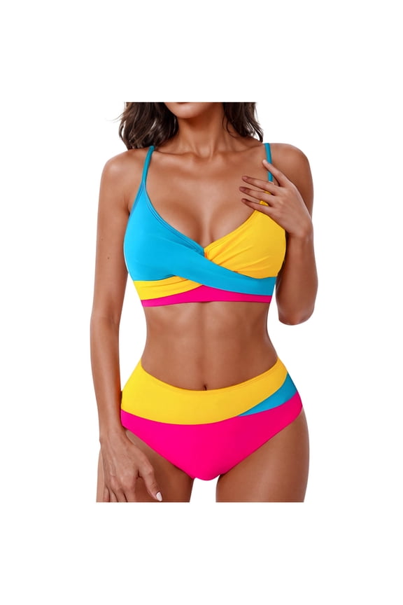 Women's 2 Piece Colorblock Wrap High Waisted Wrap Spaghetti Strap 2025 Tummy Control Summer Swimsuit Bikini Set Yellow XL