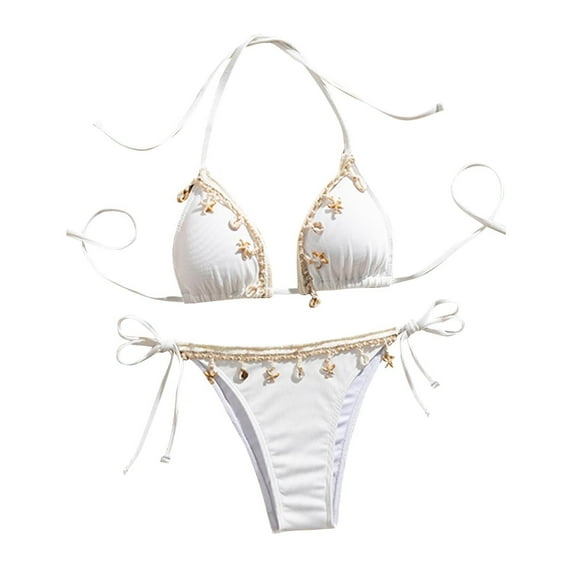 UTSJKR Women's 2 Piece Halter Triangle Bathing Suit Ribbed Bikini Swimsuits Color Block riangle String Bikini Sets White L