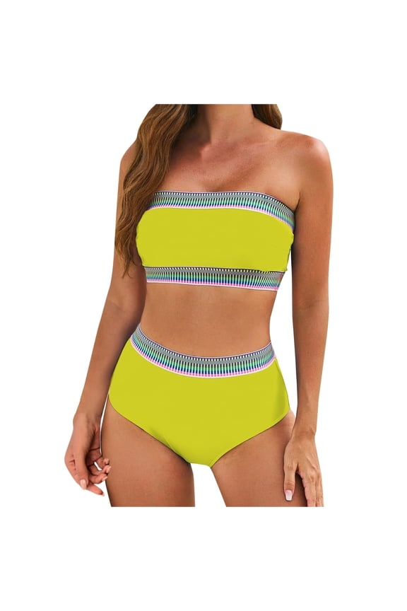 Women's 2 Pieces Bandeau Bikini Color Block Swimsuits 2025 Summer Off Shoulder High Waisted Bathing Suit Yellow M