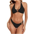 thumbnail image 1 of UTSJKR Women's 2 Pieces Bikini Swimsuit Set Sexy Solid Summer Fashion Cute Heart Ring Textured Halter Bikini Swimwear Black L, 1 of 9