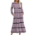 thumbnail image 1 of UTSJKR Women's 2024 Fall Winter Striped Maxi Dress Pleated Loose Fit Flowy Ruffled Hem Casual Dress Fashion Crewneck Long Sleeve Dress with Pockets Pink L, 1 of 4