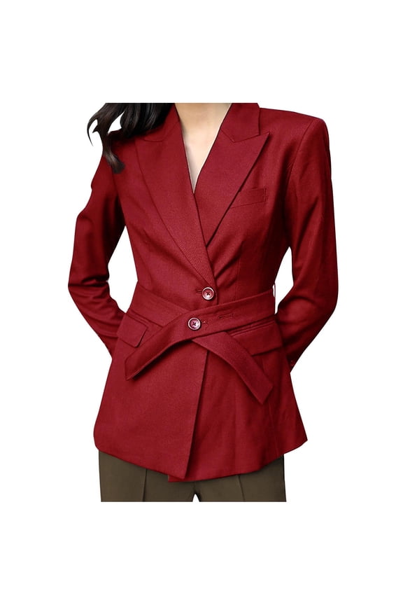 Women's 2024 Fashion Blazers Belted Formal Business Office Work Jackets Elegant Solid Long Sleeve Slim Fit Outwear Wine S