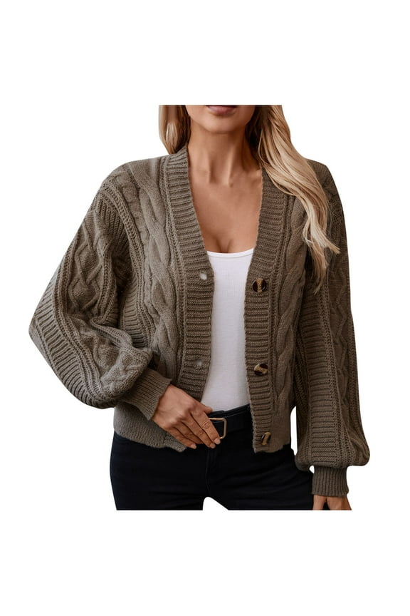 Women's 2024 Fashion Fall Sweater Cardigan Cable Knit Long Sleeve Open Front Button Outwear Coats Coffee L