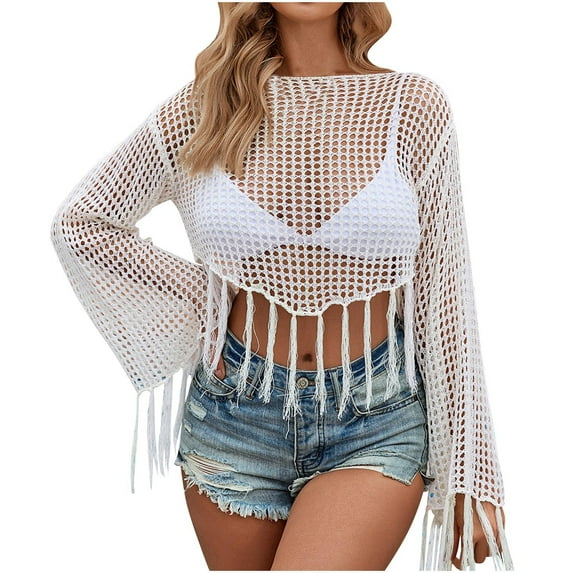 UTSJKR Women's 2026 Summer Crop Knit Tops Crochet Hollow Out Long Sleeve Sweater Fringed Beach Bikini Mesh Cover Up White XL