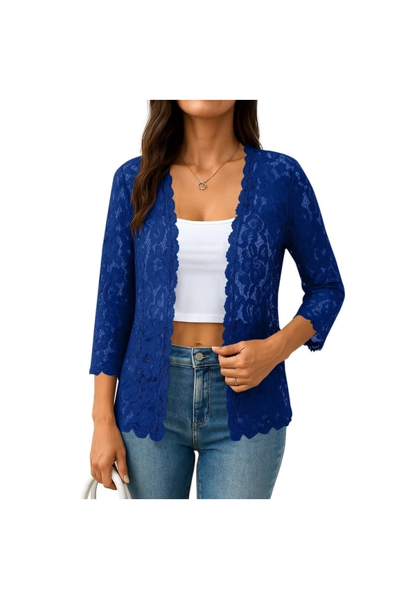 Women's 3/4 Sleeve Bolero Shrugs Crochet Lace Open Cardigan Floral Hollow Dressy Casual Plus Size Coverups Blue XXL