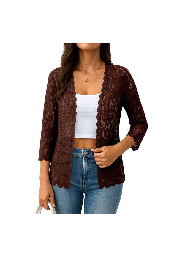 Women's 3/4 Sleeve Bolero Shrugs Crochet Lace Open Cardigan Floral Hollow Dressy Casual Plus Size Coverups Brown XXL
