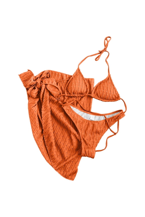 Women's 3 Piece Bathing Suits Halter Ring Bikini Set with Cover Up Skirt Solid Color Ruched Swimsuit Bathing Suit Orange S