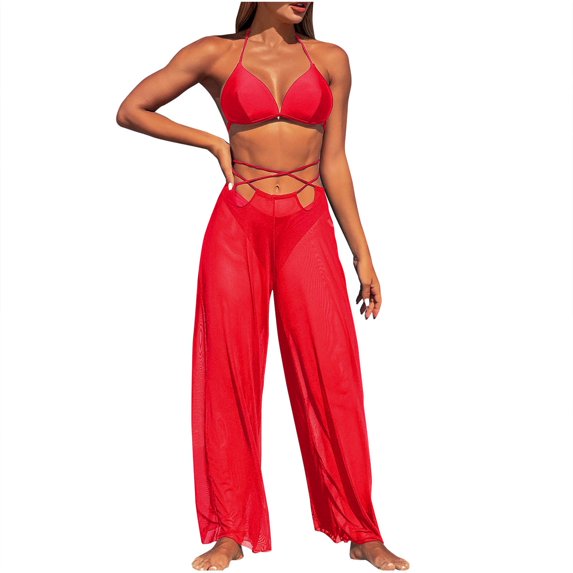 UTSJKR Women's 3 Piece Bikini Sets Knot Front Push Up Strapless High Cut Swimsuit with Sheer Mesh Cover Up Pants Red S