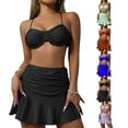 thumbnail image 1 of UTSJKR Women's 3 Piece Set Knitted Underwire Spaghetti Strap Ruched Push Up Bikini Swimsuit with Cover Up Skirt Black L, 1 of 7