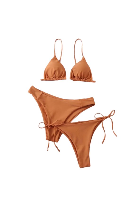 Women's 3 Piece String Bikini Set Triangle Thong Swimsuits Beach Bathing Suit Set Solid Backless Strap Bikini Swimsuit Coffee L