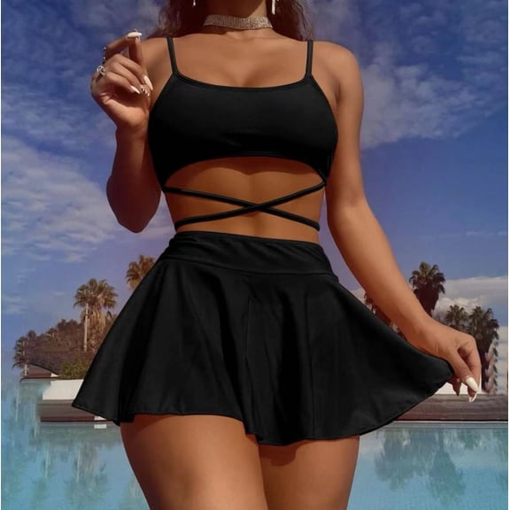 UTSJKR Women's 3 Piece Swimsuit Flattering Spaghetti Straps Criss Cross Front Crop Tops Bikini Thong Bathing Suit with Short Skirt Black L