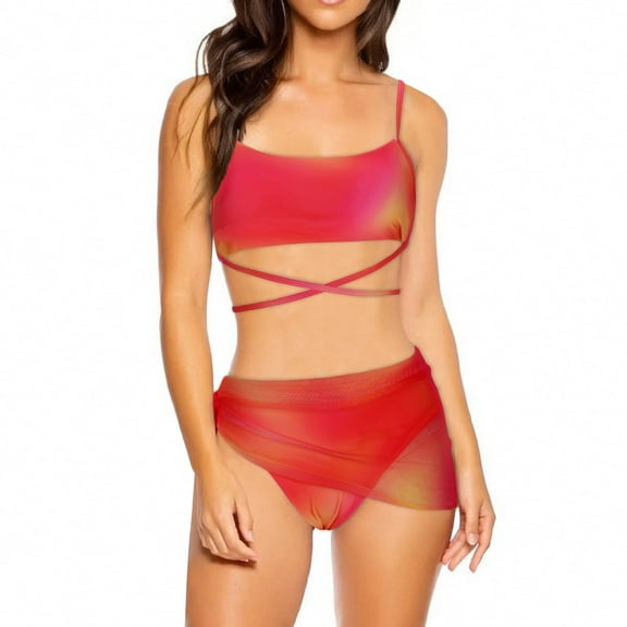 UTSJKR Women's Adjustable Spaghetti Straps Strappy Bikini Swimsuits, 3 Pieces Triangle Bottoms with Mesh Skirt Bathing Suit Orange S