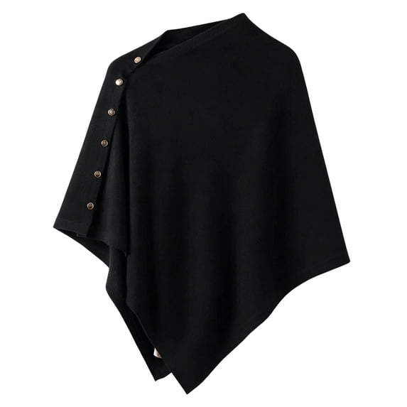 UTSJKR Women’s Asymmetric Button‑Detail Knit Poncho Cape Shawl Soft Warm Triangle Wrap for Fall Winter Daily Layering Fashion Accessory Black