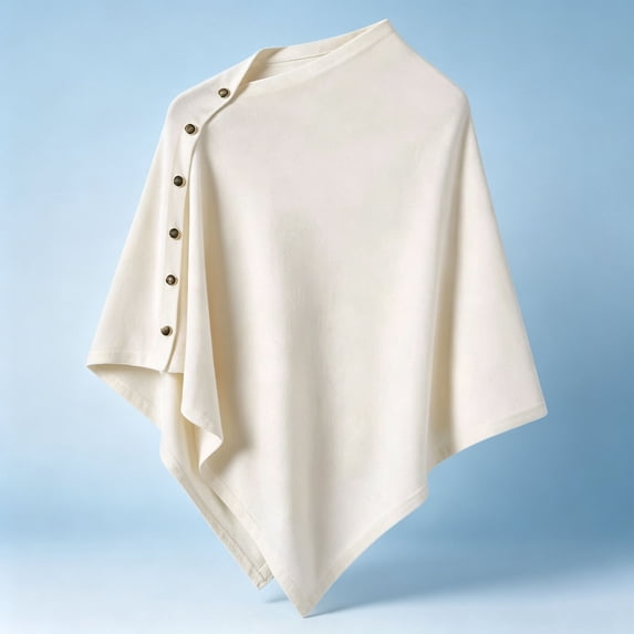 UTSJKR Women’s Asymmetric Button‑Detail Knit Poncho Cape Shawl Soft Warm Triangle Wrap for Fall Winter Daily Layering Fashion Accessory White