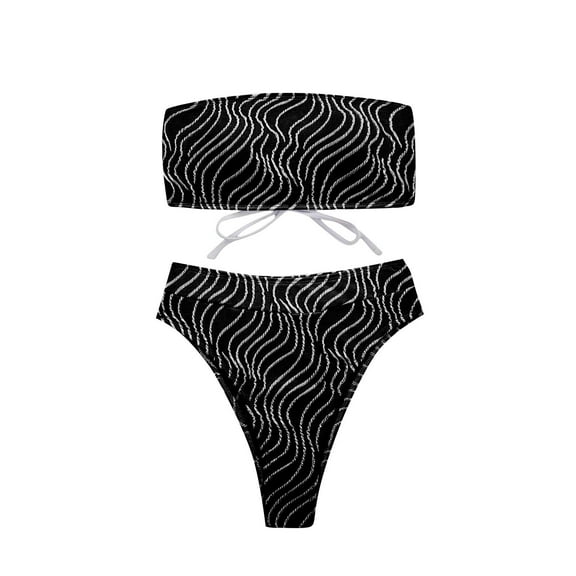 UTSJKR Women's Bandeau Bikini Sets Two Piece Swimsuit Strapless High Cut Bandeau Bikini Lace Up Bathing Suit Ribbed Bikini Set Black L