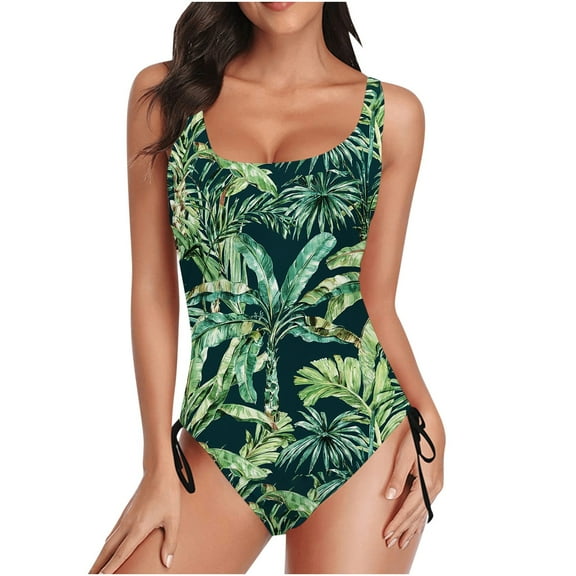 UTSJKR Women's Basic One Piece Swimsuits Athletic Tropical Print Bathing Suit Vacation Straps Beach Monokini Swimwear Green M