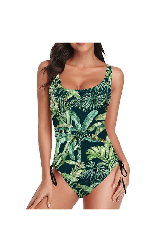 Women's Basic One Piece Swimsuits Athletic Tropical Print Bathing Suit Vacation Straps Beach Monokini Swimwear Green XXL