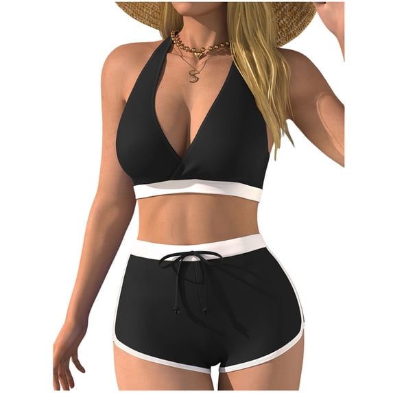 UTSJKR Women's Bikini Sets Fashion Contrast Push up Sport Bras and Swim Shorts Swimsuit Outfits Beach Casual Bathing Suit Black XL