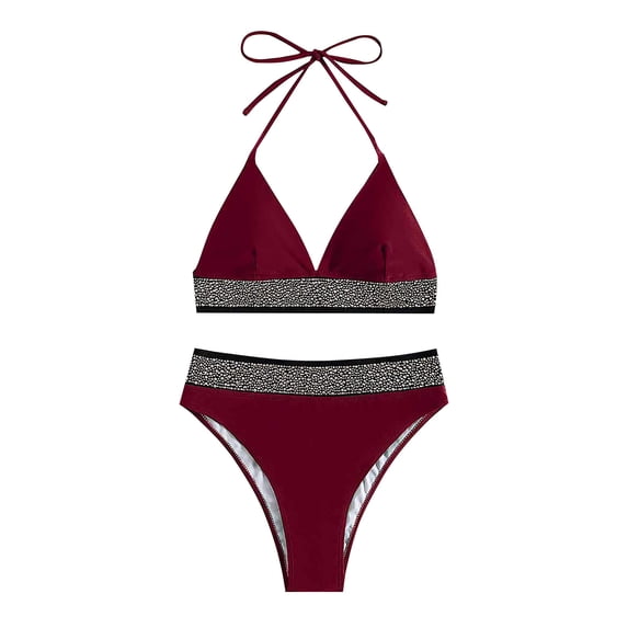 UTSJKR Women's Bikini Sets Halter Triangle Top Push Up Backless Low Rise Cheeky Swimwear Color Block Two Piece Bathing Suit Red L