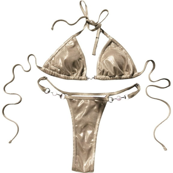UTSJKR Women's Bikini Swimsuits 2 Piece Sexy Cheeky Bathing Suit Halter String Triangle Swimwear High Cut Bikini Sets Gold L