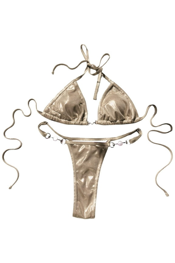 Women's Bikini Swimsuits 2 Piece Sexy Cheeky Bathing Suit Halter String Triangle Swimwear High Cut Bikini Sets Gold L