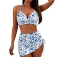 thumbnail image 1 of UTSJKR Women's Blue White Floral Halter 3 Piece Bikini Set, Drawstring Skirt Bathing Suit for Summer Tropical Vacation Beach Wear Blue M, 1 of 7