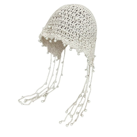 UTSJKR Women's Boho Handmade Crochet Hat Y2k Pearl Beanie Fashion Hollow Out Summer Travel Cap with Tassel Beige