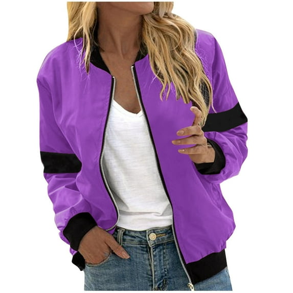 UTSJKR Women's Bomber Jacket 2024 Fashion Long Sleeve Zipper Up Baseball Jacket Casual Loose Fit Lightweight Solid Color Coat Sport Street Outwear Purple XL