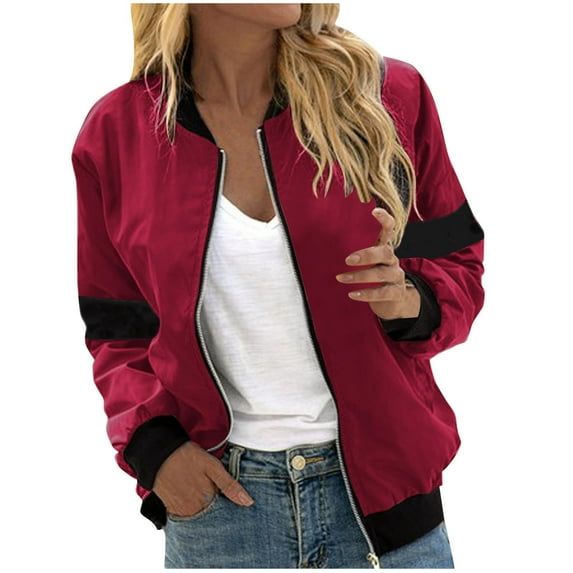 UTSJKR Women's Bomber Jacket 2024 Fashion Long Sleeve Zipper Up Baseball Jacket Casual Loose Fit Lightweight Solid Color Coat Sport Street Outwear Wine S