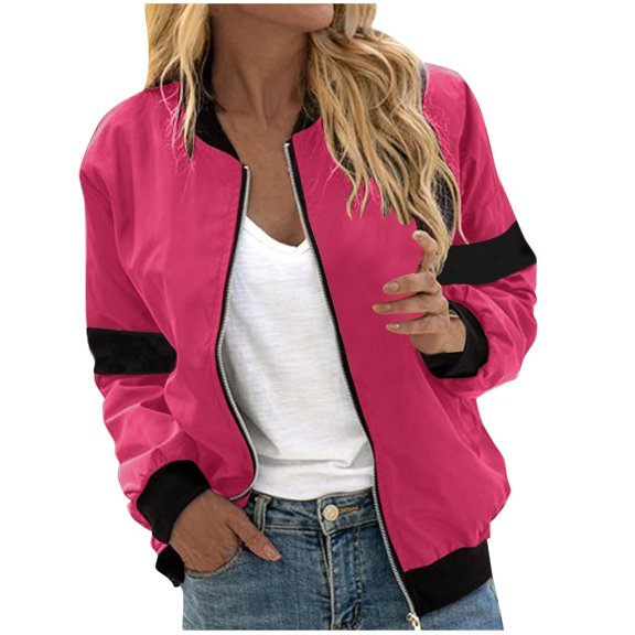 UTSJKR Women's Bomber Jacket 2024 Fashion Solid Color Coat Fall Fashion Lightweight Zip Up Long Sleeve Outerwear Windbreaker with Pocket Watermelon Red S