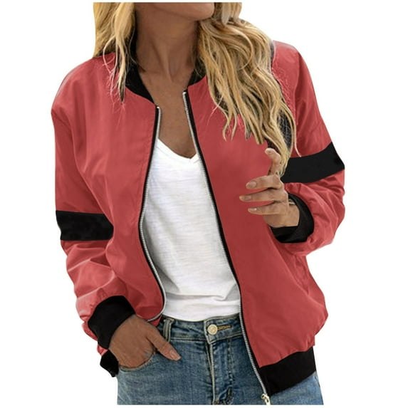 UTSJKR Women's Bomber Jacket 2024 Fashion Solid Color Coat Fall Fashion Lightweight Zip Up Long Sleeve Outerwear Windbreaker with Pocket Watermelon Red XXL