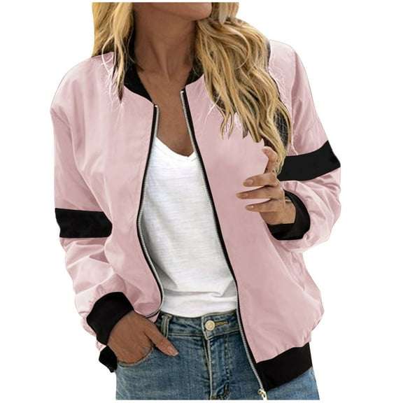 UTSJKR Women's Bomber Jacket 2024 Fashion Solid Color Coat Fall Fashion Lightweight Zip Up Long Sleeve Outerwear Windbreaker with Pocket Pink XXL
