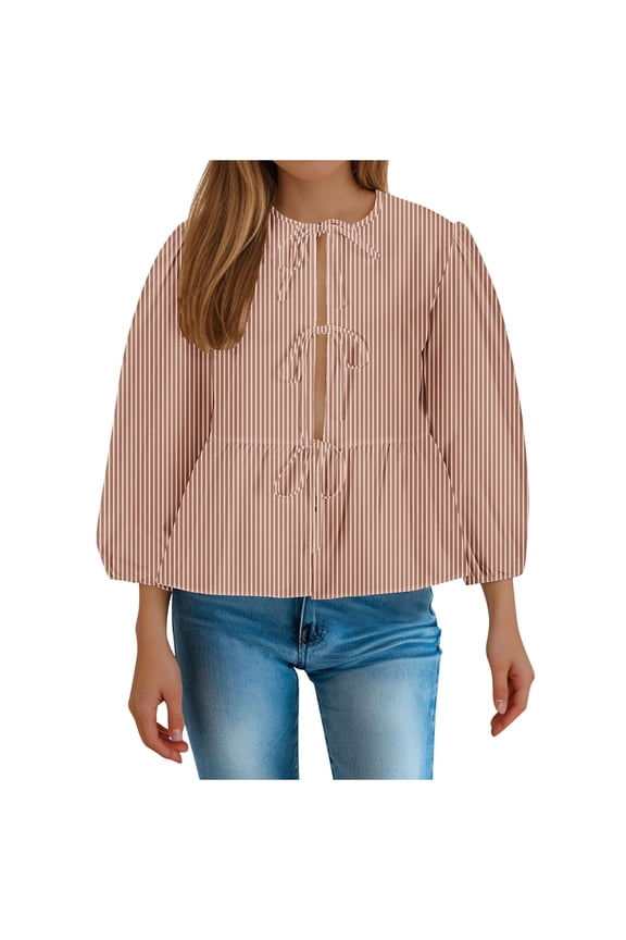 Women's Bow Tie Front Shirts 2024 Fashion Striped Print Crew Neck Blouses Trendy Y2K Peplum Ruffle Babydoll Going Out Tops Cute Puff Long Sleeve Tunic Tops Coffee XL