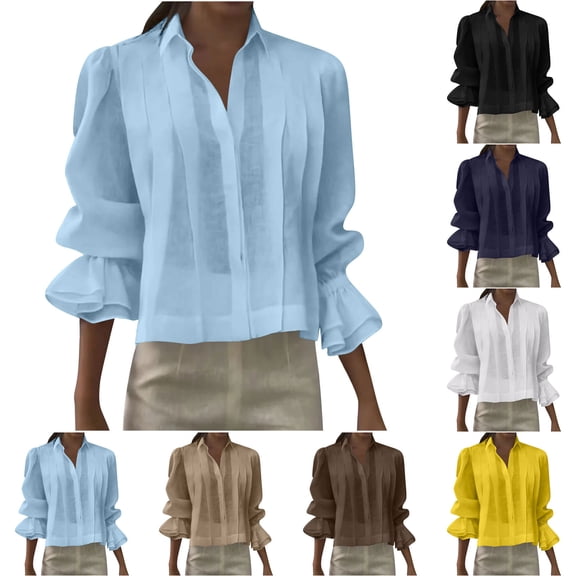 UTSJKR Women's Brown Button-Down Blouse 3/4 Ruffled Cuff Elegant Lightweight Spring & Summer Workwear Navy S