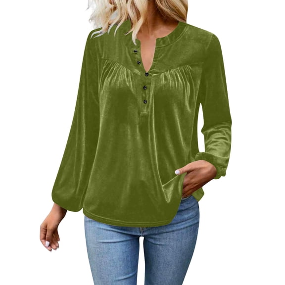 UTSJKR Women's Button Down V Neck Velvet Top Fashion Lantern Long Sleeve Blouse Tops Business Work Shirt Pleated Tunic Tops Army Green M