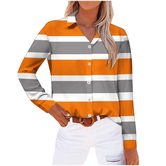UTSJKR Women's Button Down Shirts 2024 Fashion Color Block Striped Lapel Neck Blouses Vacation Loose Fit Flowy Basic Casual Tops Long Sleeve Tunic Tops Orange XXXL
