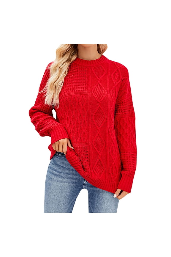 Women's Cable Knit Sweaters Long Sleeve Fall Sweaters 2024 Fashion Clothing Classic Solid Crew Neck Pullover Tops Casual Loose Going Out Oversized Chunky Knitwear Red M