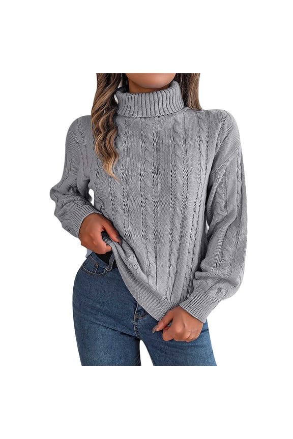 Women's Cable Knit Sweaters 2024 Fashion Clothing Elegant Solid Turtle Neck Pullover Tops Oversized Casual Loose Fit Jumper Fall Winter Long Sleeve Sweaters Gray L