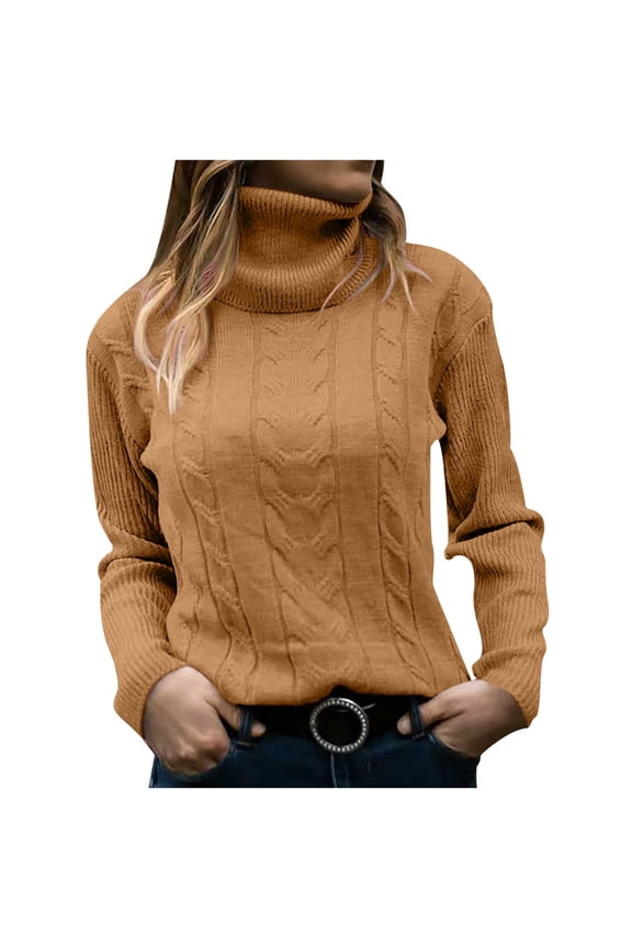 Women's Cable Knit Sweaters Casual Loose Cozy Going Out Jumper Knitwear Long Sleeve Fall Winter Sweaters 2024 Fashion Clothing Vintage Solid Turtle Neck Pullover Tops Gold XXL