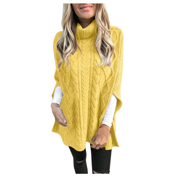UTSJKR Women's Cable Knit Sweaters Classic Solid Turtle Neck Tunic Pullover Tops Oversized Side Split Jumper Knitwear Fall Winter 3/4 Sleeve Sweaters 2024 Fashion Clothing Yellow XXXL