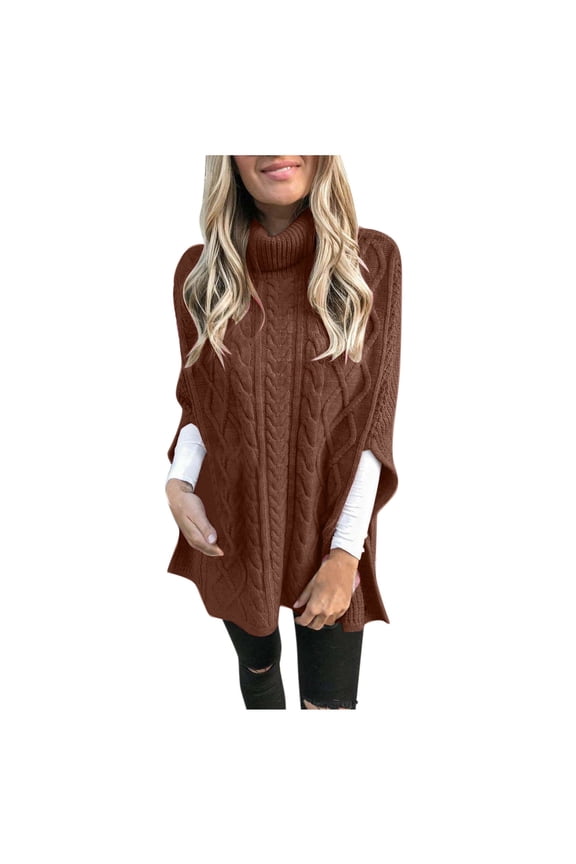 Women's Cable Knit Sweaters Classic Solid Turtle Neck Tunic Pullover Tops Oversized Side Split Jumper Knitwear Fall Winter 3/4 Sleeve Sweaters 2024 Fashion Clothing Brown XL