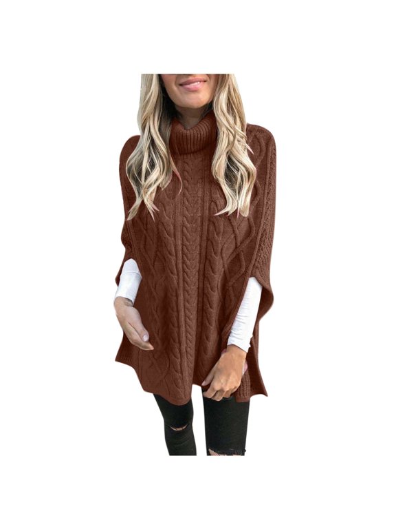 Women's Cable Knit Sweaters Classic Solid Turtle Neck Tunic Pullover Tops Oversized Side Split Jumper Knitwear Fall Winter 3/4 Sleeve Sweaters 2024 Fashion Clothing Brown L