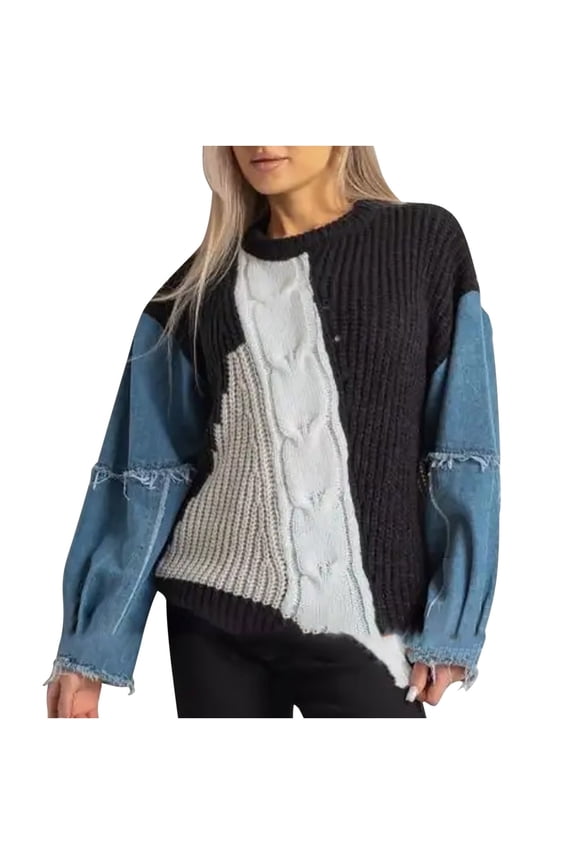 Women's Cable Knit Sweaters Fall Winter Long Sleeve Sweaters 2024 Fashion Clothing Color Block Crew Neck Pullover Tops Casual Loose Oversized Jumper Knitwear Black S