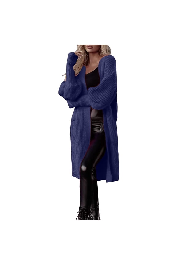 Women's Cardigan Sweater Basic Side Pockets Bubble Sleeve Knitted Cardigan Solid Long Sleeve Open Front Outwear Blue S