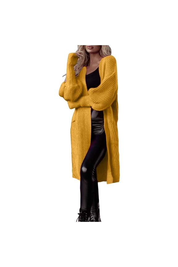 Women's Cardigan Sweater Basic Side Pockets Bubble Sleeve Knitted Cardigan Solid Long Sleeve Open Front Outwear Yellow S
