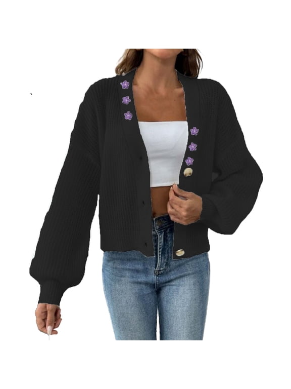 Women's Cardigan Sweater Long Sleeve Knitted Button Up Jackets Floral Design Loose Fit Pullover Sweaters Outerwear Black S